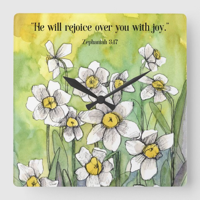 Rejoice Over You Bible Scripture Daffodil Flowers Square Wall Clock (Front)