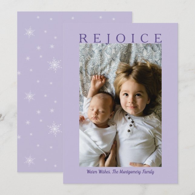Rejoice Purple Lavender Christmas Custom Photo Holiday Card (Front/Back)