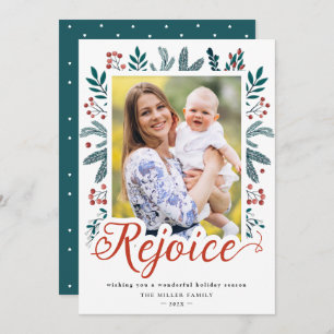 Rejoice Script Christmas Pine Holly Berries Photo Holiday Card