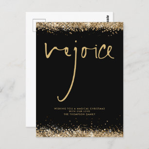 Rejoice Script Gold Glitter Black Name Christmas Postcard