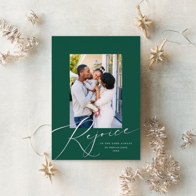 Rejoice Script Religious Christmas Photo Dk. Green Foil Holiday Card (Creator Uploaded)