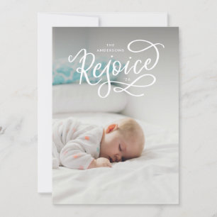 Rejoice White Lettering Religious Christmas Photo Holiday Card