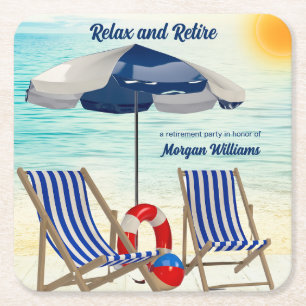 Relax and Retire Tropical Beach Chair Retirement Square Paper Coaster
