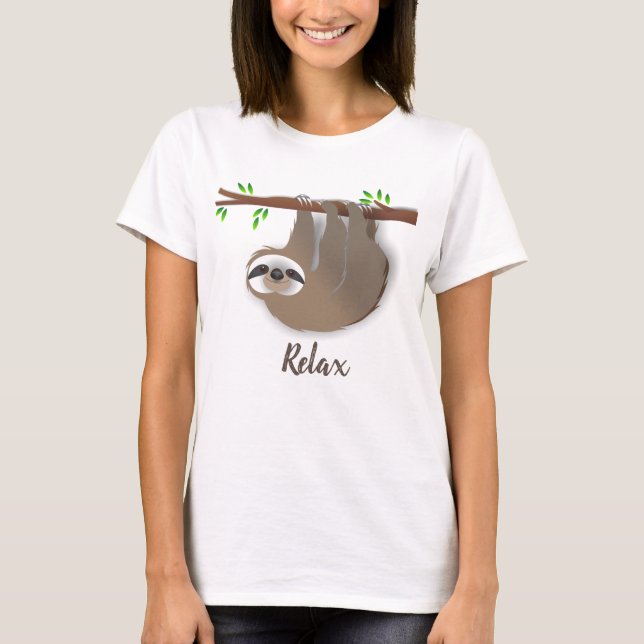 Relax Brown Hanging Sloth on Tree Branch T-Shirt (Front)