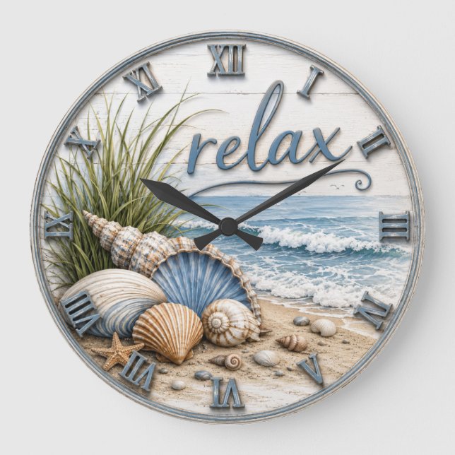 Relax Coastal Beach Ocean Beach House Decor Large Clock (Front)