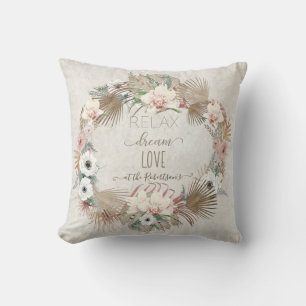 Relax Dream Love Muted Floral Seaside Beach Palm Throw Pillow