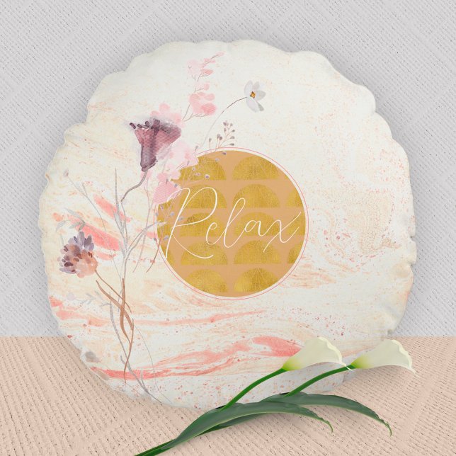 Relax Floral Golden Romantic Soft Colours Luxury Round Pillow (Relax Floral Golden Romantic Soft Colors Luxury Round Pillow ©Susanne Sachers - Sunny Mind Design)