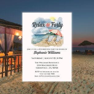 Relax @ Forty Tropical Beach Chair 40th Birthday Invitation