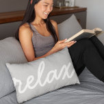 Relax Grey & White Script Lumbar Pillow<br><div class="desc">Time to chill. Our accent throw pillow features "relax" in white script against a light dove grey background.</div>