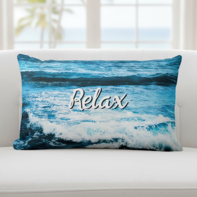 Relax Hawaii Turquoise Ocean Waves Photo Script Lumbar Pillow (Creator Uploaded)