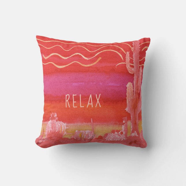 Relax Pink Bohemian BOHO Desert Cactus Watercolor Throw Pillow (Front)