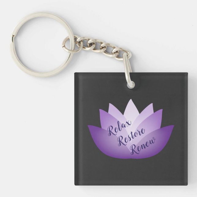Relax Restore Renew Purple Lotus Flower Keychain (Front)
