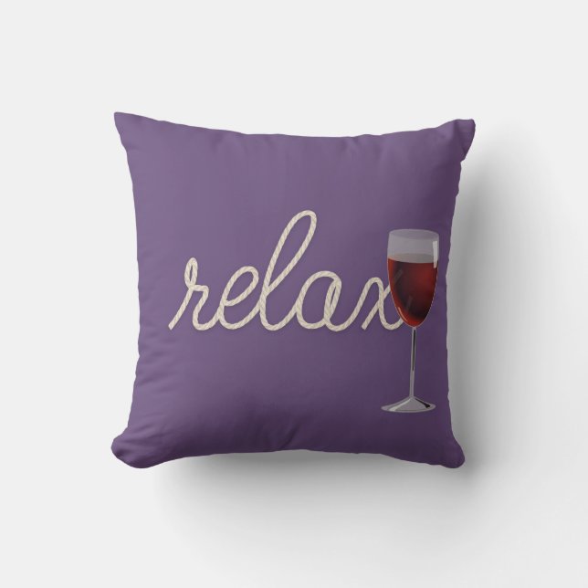 Relax rope text on purple with wine glass throw pillow (Front)