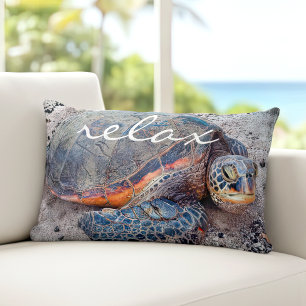 Relax Script Hawaiian Sea Turtle Honu Bold Photo Lumbar Pillow