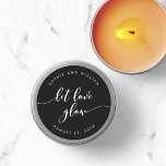 Relax Script Let Love Glow Editable Colour Wedding Classic Round Sticker<br><div class="desc">Wedding favour sticker featuring the words "let love glow" in a relax cursive script in white against an editable background colour (click customize to access). Personalize it by replacing the placeholder text. For more options such as to change the font and it's size/colour, expand /contract curve or the spacing between...</div>