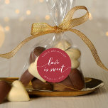 Relax Script Love is Sweet Editable Colour Wedding Classic Round Sticker<br><div class="desc">Wedding favour sticker featuring the words "love is sweet" in a relax cursive script in white against an editable background colour (click customize to access). Personalize it by replacing the placeholder text. For more options such as to change the font and it's size/colour, expand /contract curve or the spacing between...</div>