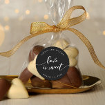 Relax Script Love is Sweet Editable Colour Wedding Classic Round Sticker<br><div class="desc">Wedding favour sticker featuring the words "love is sweet" in a relax cursive script in white against an editable background colour (click customize to access). Personalize it by replacing the placeholder text. For more options such as to change the font and it's size/colour, expand /contract curve or the spacing between...</div>