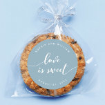 Relax Script Love is Sweet Editable Colour Wedding Classic Round Sticker<br><div class="desc">Wedding favour sticker featuring the words "love is sweet" in a relax cursive script in white against an editable background colour (click customize to access). Personalize it by replacing the placeholder text. For more options such as to change the font and it's size/colour, expand /contract curve or the spacing between...</div>