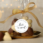 Relax Script Love is Sweet Wedding Favour Classic Round Sticker<br><div class="desc">Wedding favour sticker featuring the words "love is sweet" in a relax cursive script in black against a white background. Personalize it by replacing the placeholder text. For more options such as to change the font and it's size/colour, expand /contract curve or the spacing between letters click the "Customize" button....</div>