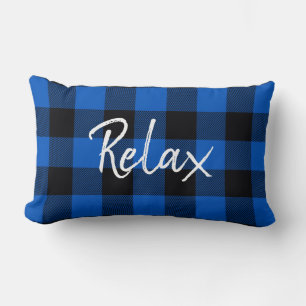 Relax Text on Black and Blue Plaid Lumbar Pillow