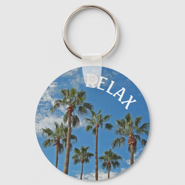 Relax Tropical Palm Tree Blue Sky Photo Paradise Keychain (Front)