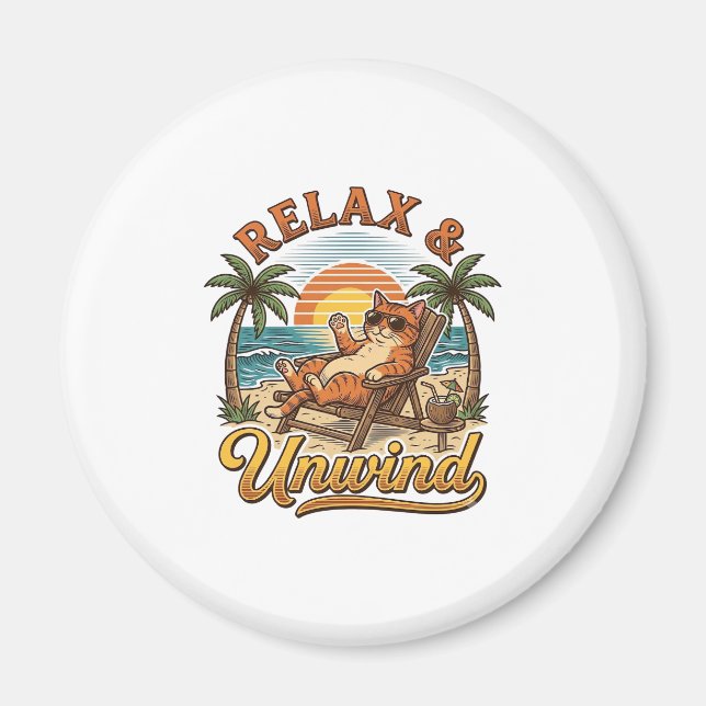 Relax & Unwind Beach Cat Vintage Engraving Design_ Magnet (Front)