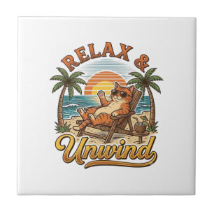 Relax & Unwind Beach Cat Vintage Engraving Design_ Tile