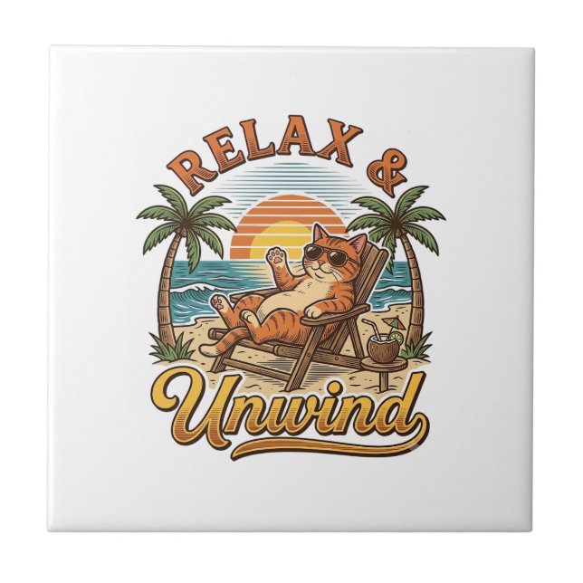 Relax & Unwind Beach Cat Vintage Engraving Design_ Tile (Front)