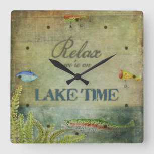 Relax we are on Lake Time, Mountain Cabin Decor Square Wall Clock