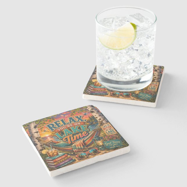 Relax You're On Lake Time Stone Coaster (Side)