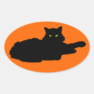 Relaxed Black Cat Silhouette on Orange Oval Sticker