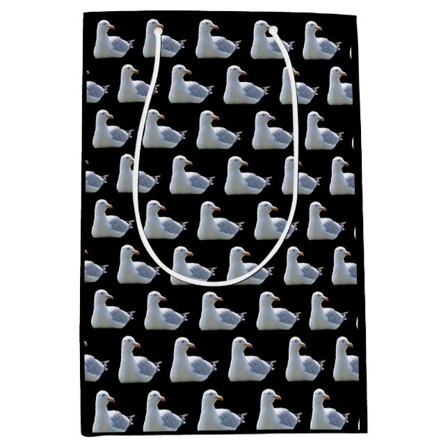 Relaxed Seagull – Black Coastal Bird Illustration Medium Gift Bag (Front)