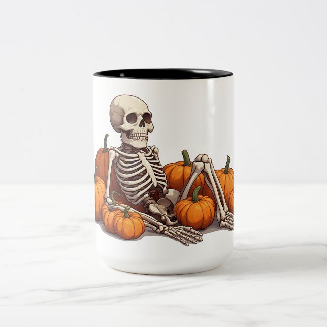 Relaxed Skeleton Among Harvest Pumpkins 🎃 Two-Tone Coffee Mug (Center)