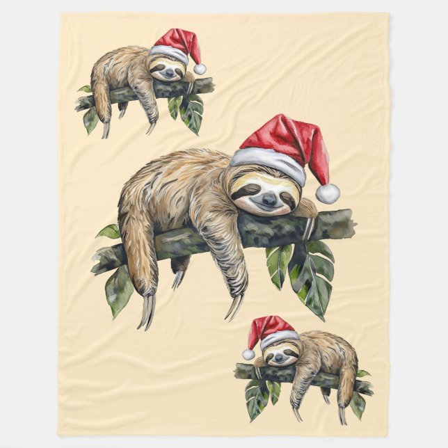 Relaxed Sloth with a Christmas hat 1 Fleece Blanket (Front)