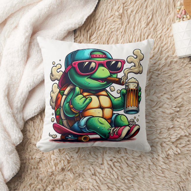 Relaxed turtle enjoying a backyard party vibe throw pillow (Blanket)