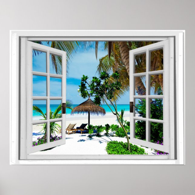 Relaxing Beach and Ocean Faux Window View Poster (Front)