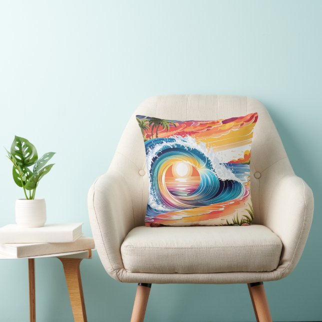 Relaxing Beach-Inspired Vibrant Sunset Beach Wave Throw Pillow (Chair)