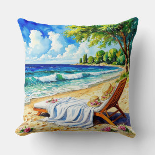 Relaxing Beach Scene with Lounge Chair Throw Pillow