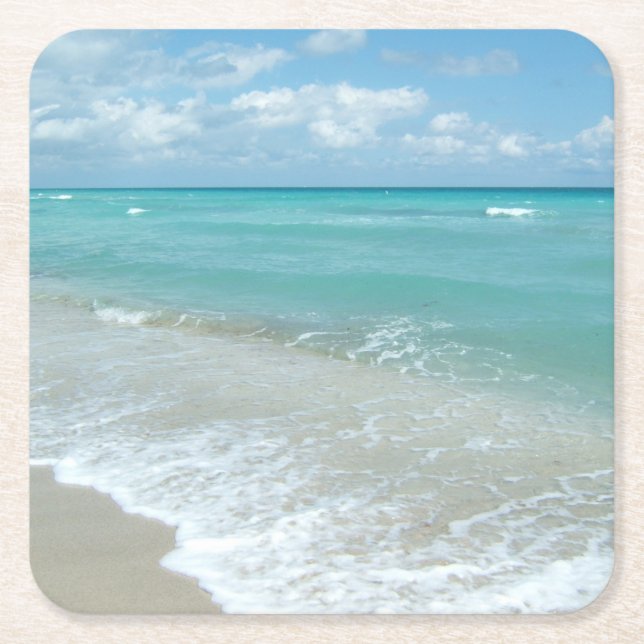 Relaxing Blue Beach Ocean Landscape Nature Scene Square Paper Coaster (Front)