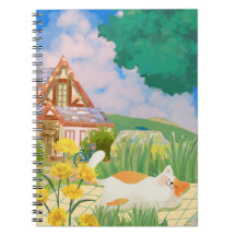 Relaxing Cat and Sunny Countryside Notebook Cover