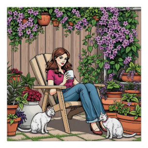 Relaxing Day   Women with Coffee, Cats and Plants Poster