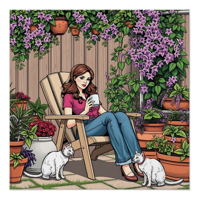 Relaxing Day | Women with Coffee, Cats and Plants Poster (Front)
