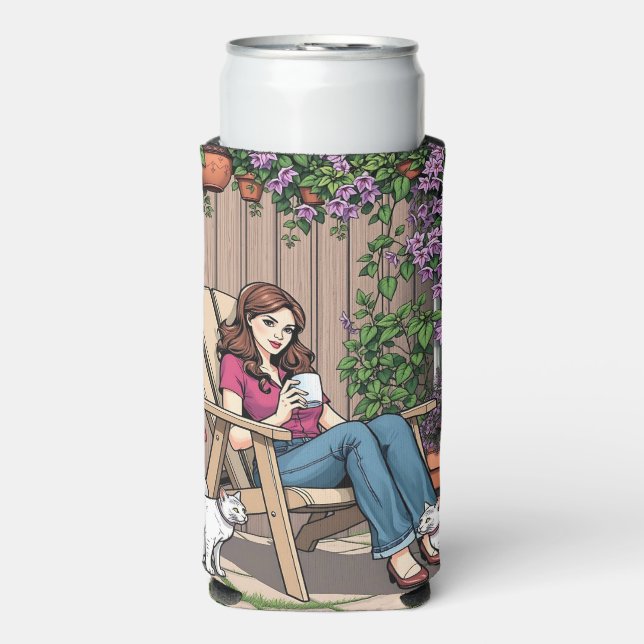 Relaxing Day | Women with Coffee, Cats and Plants Seltzer Can Cooler (Seltzer Front)