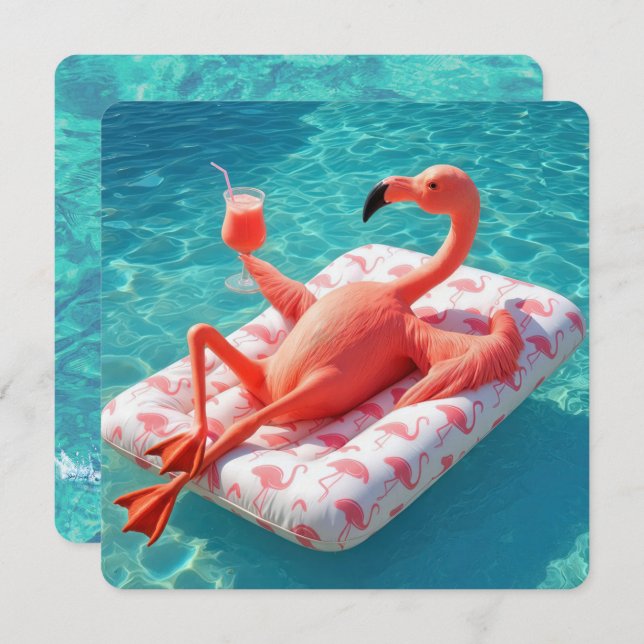 Relaxing Flamingo Floating On a Pool Mattress Invitation (Front/Back)