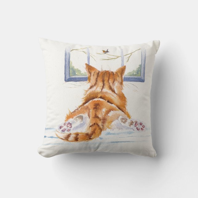 Relaxing Ginger Cat Bird Watching Throw Pillow (Front)