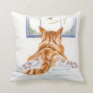 Relaxing Ginger Cat Bird Watching Throw Pillow