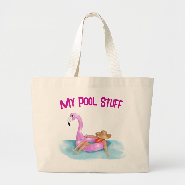 Relaxing in pool on a pink flamingo float  large tote bag (Front)