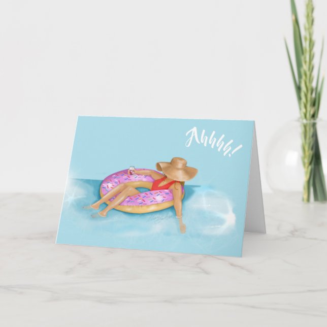 Relaxing in the pool on a sprinkle doughnut float thank you card (Front)