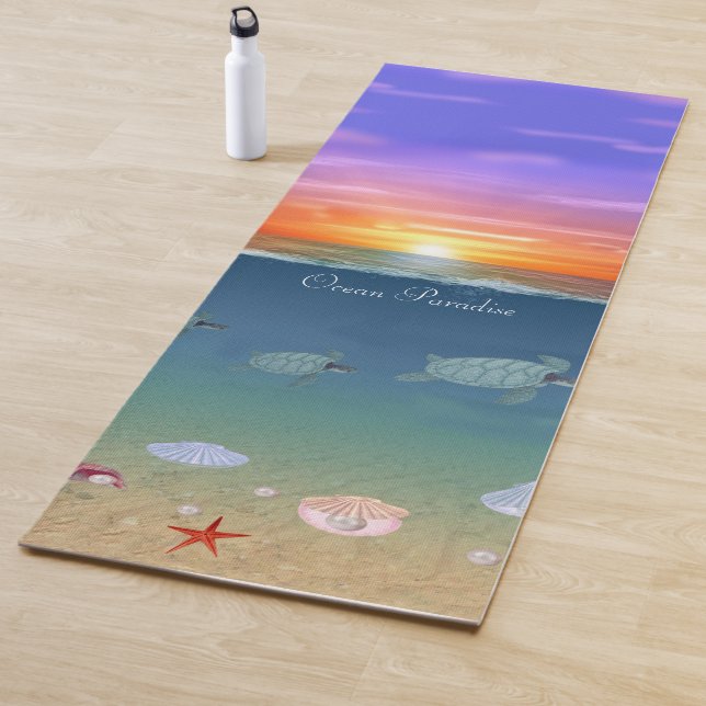 Relaxing ocean sunrise, turtles, star & pearls yoga mat (In Situ)