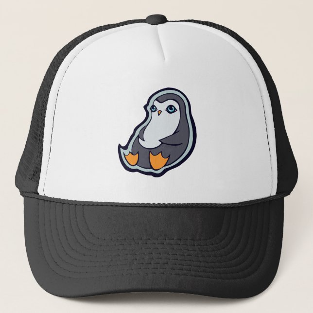 Relaxing Penguin Sweet Big Eyes Ink Drawing Design Trucker Hat (Front)